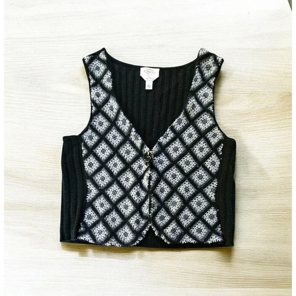Talbots Sweaters - Large Black Gray Granny Square Merino Wool Sweater Vest Boho Hippie Festival